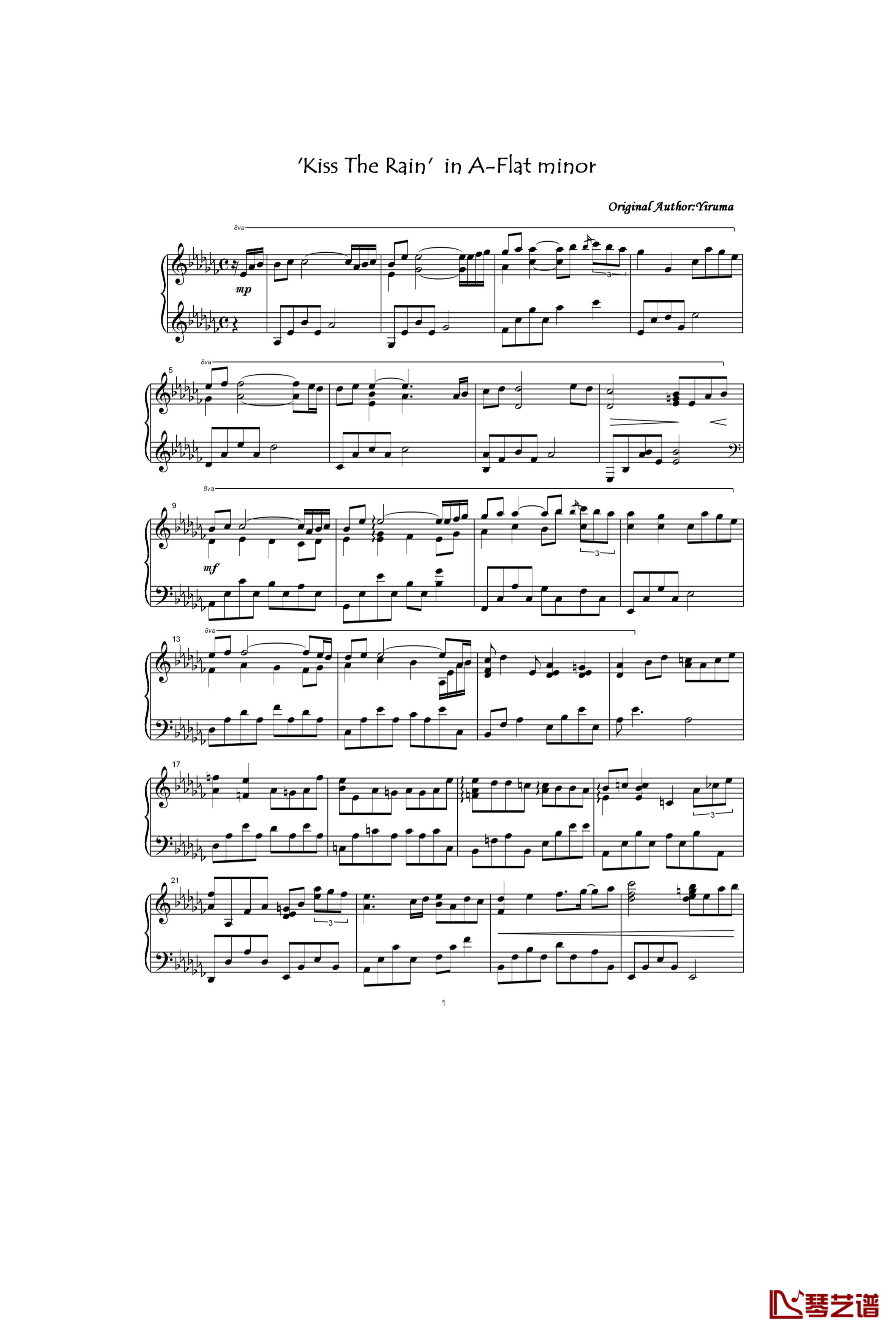 Kiss The Rain in A钢琴谱-Flat minor-Yiruma1