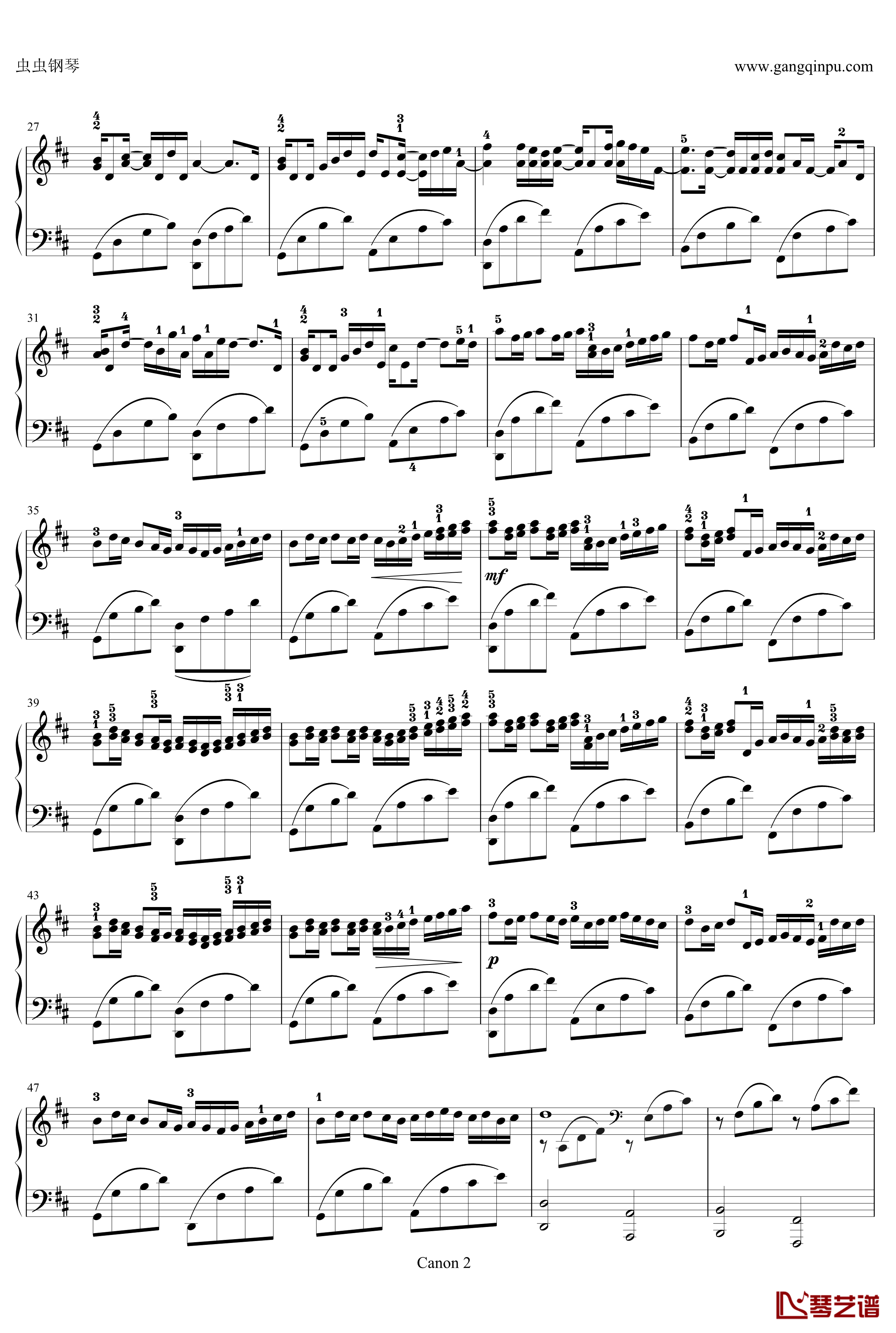 卡农变奏曲钢琴谱 D调原调George Winsten版本-帕赫贝尔2