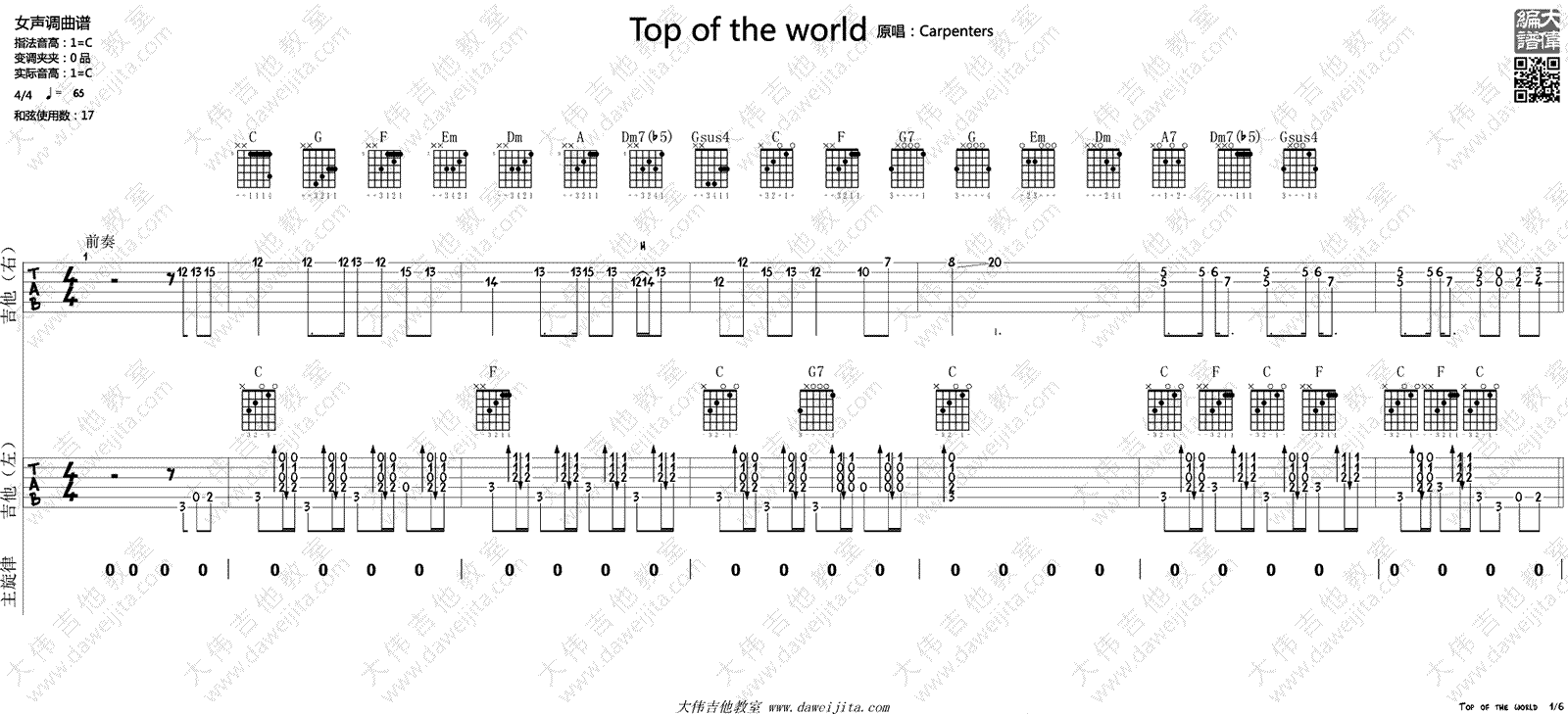 Top Of The World吉他谱 Carpenters C调吉他谱