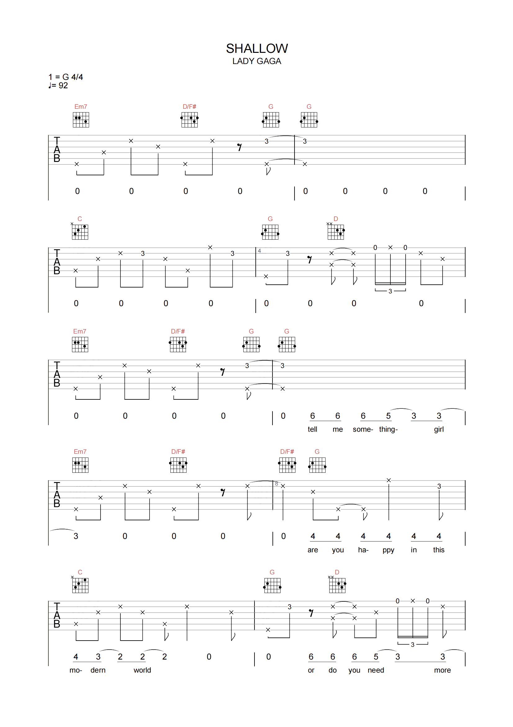 SHALLOW吉他谱-LADY GAGA-G调原版弹唱谱-附PDF下载