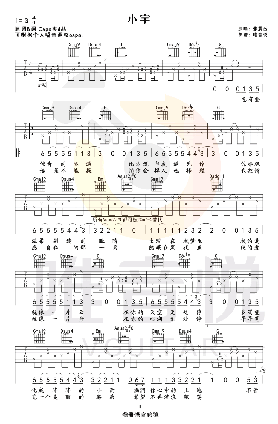 小宇吉他谱-张震岳-《小宇》G调简单版弹唱六线谱-高清图片谱