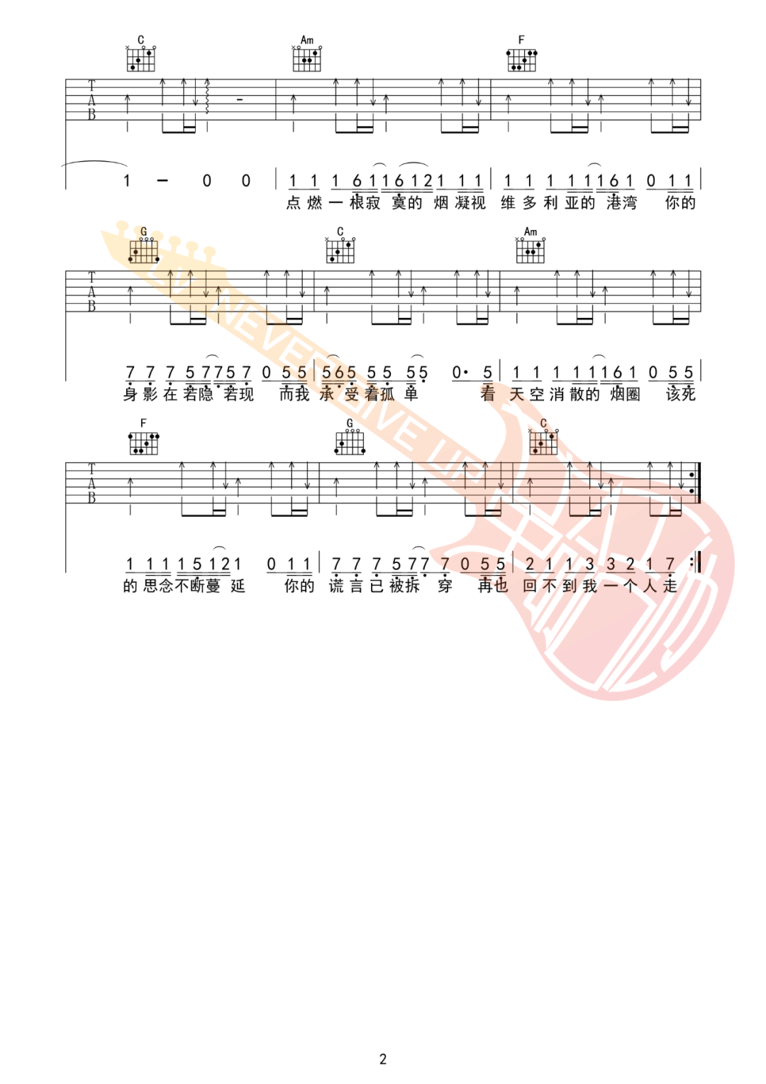 付锵锵-墨尔本的秋天吉他谱2-C调指法